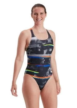 Speedo Placement Digital Powerback Swimsuit - Black/ Salso/ White/ Blue