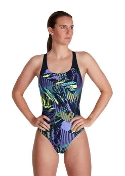 Speedo Placement Powerback Swimsuit - Navy/ Ultraviolet/ Yellow/ Adriatic