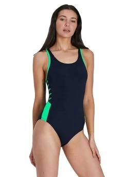 Speedo Boom Logo Splice Muscleback Swimsuit - True Navy/ Fake Green