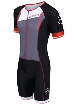 Zone3 Men's Lava Long Distance Full Zip Short Sleeve Tri Suit - Black / White / Red