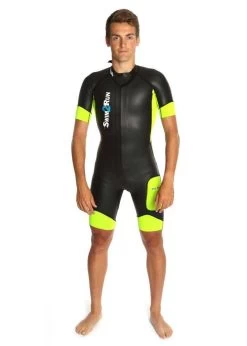 Dare2Tri Mens SwimRun GO Wetsuit - Black / Yellow -Leisure Swimwear Paradise mens swim 2rungo model front