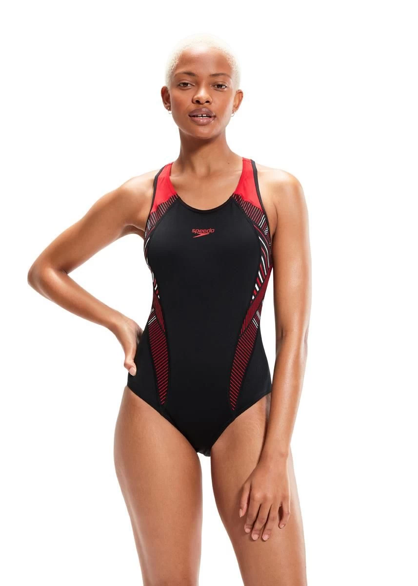Speedo Placement Laneback Swimsuit - Black/ Fed Red/ White 4 Speedo Placement Laneback Swimsuit - Black/ Fed Red/ White - Image 2