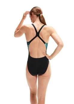 Speedo Placement Digital Powerback Swimsuit - Black/Green Glow/Marine Blue